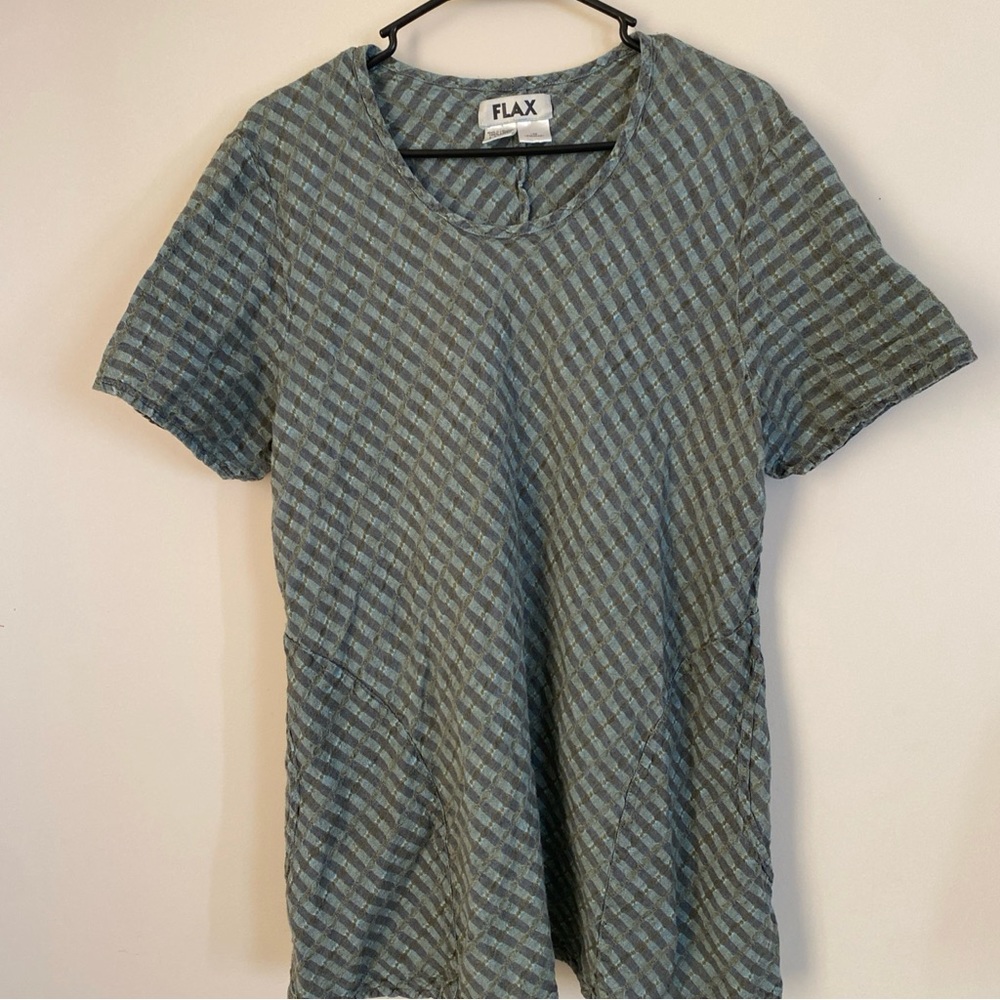 Flax Brown Green Tunic Women Shirt Pockets Large 100% Linen